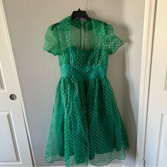 Unique Vintage Dresses & Skirts - NEW Unique Vintage Peach Clip Dot Libby Swing Dress Green Polka Dot